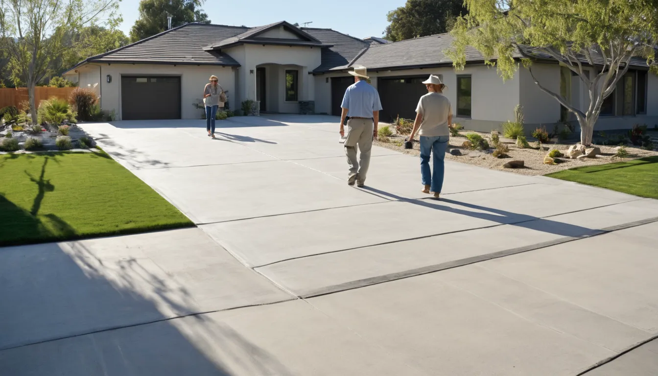 Freshly poured concrete driveway in front of a stucco ranch home in the Long Beach area
