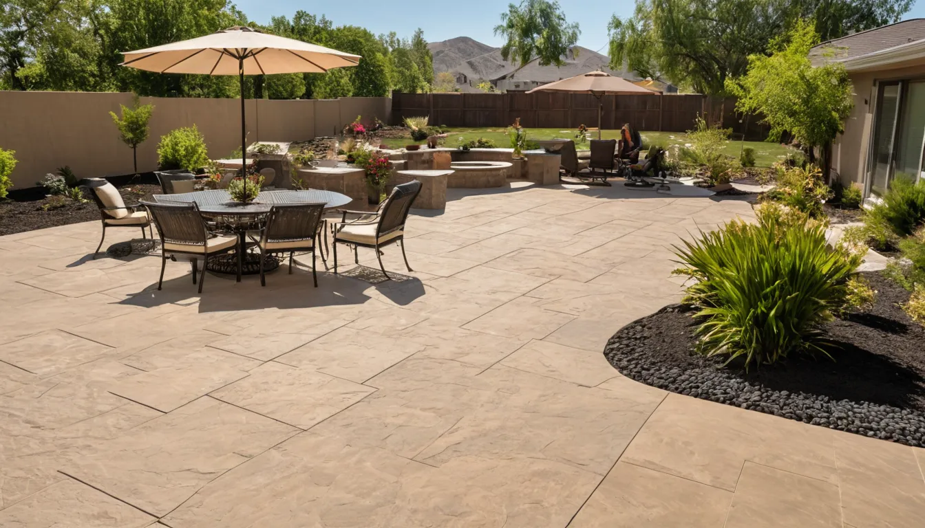 Stamped concrete patio with a slate pattern behind a stucco home in Long Beach